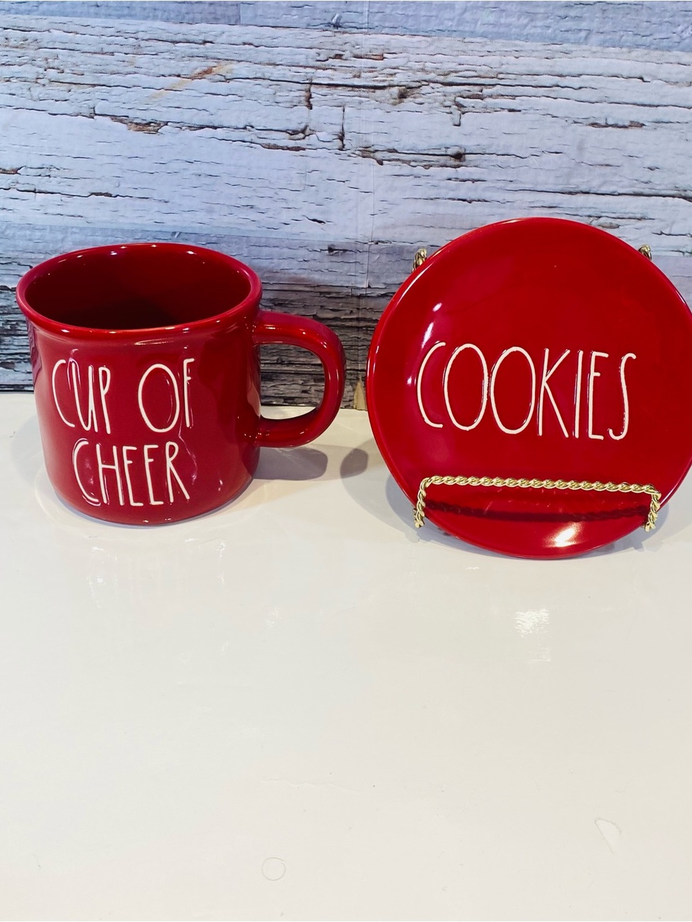 Rae Dunn Magenta Red Holiday Cup of Cheer Mug and Cookies Plate Ceramic Set
